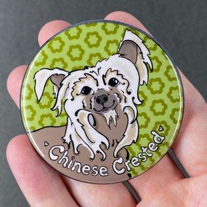 Retro Chinese Crested Pinback Button Funny Dog Pin Cartoon Pet Portrait Art Gift